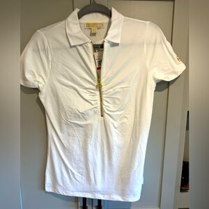 NWT Michael Kors Womens Short Sleeve Polo Shirt Gold Zipper MK Logo Size XS